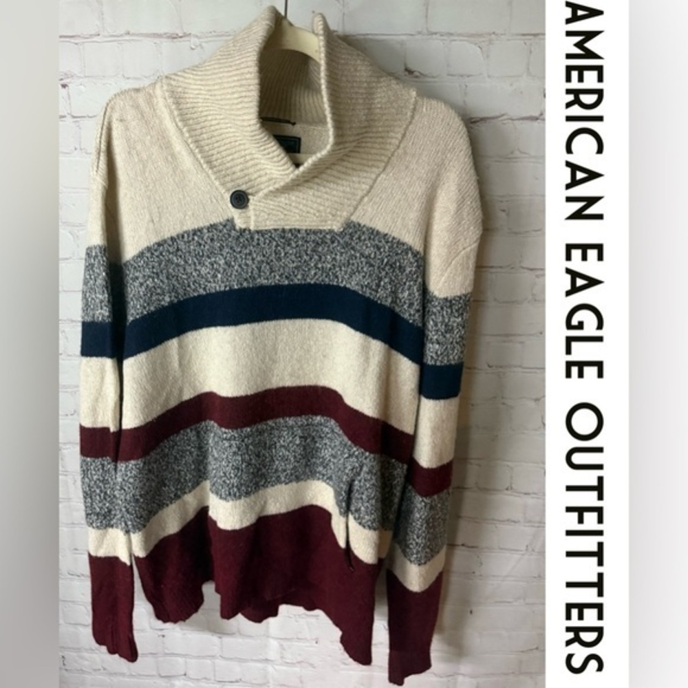 American Eagle Sweater Cream Gray Men's Seriously Soft Shawl Collar Cabincore XL